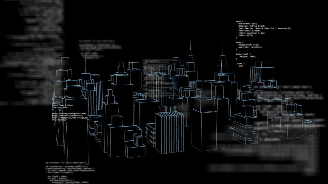 Digital urban development animation with code snippets in cityscape background