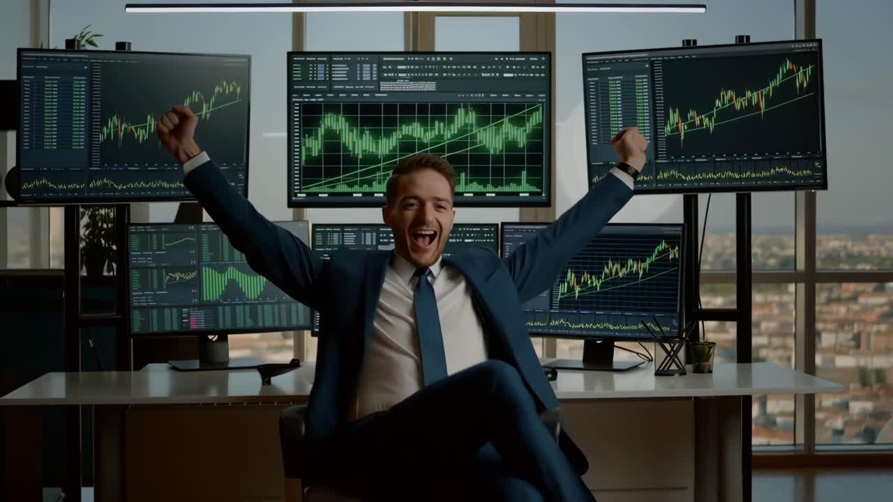 Excited Trader Celebrating Success at a Multi-Monitor Workstation