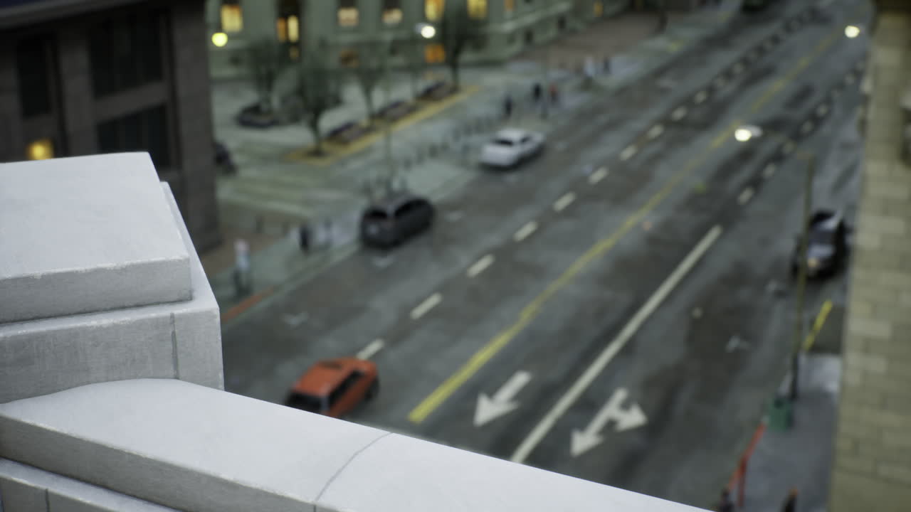 Urban street view during evening with cars and pedestrians in motion