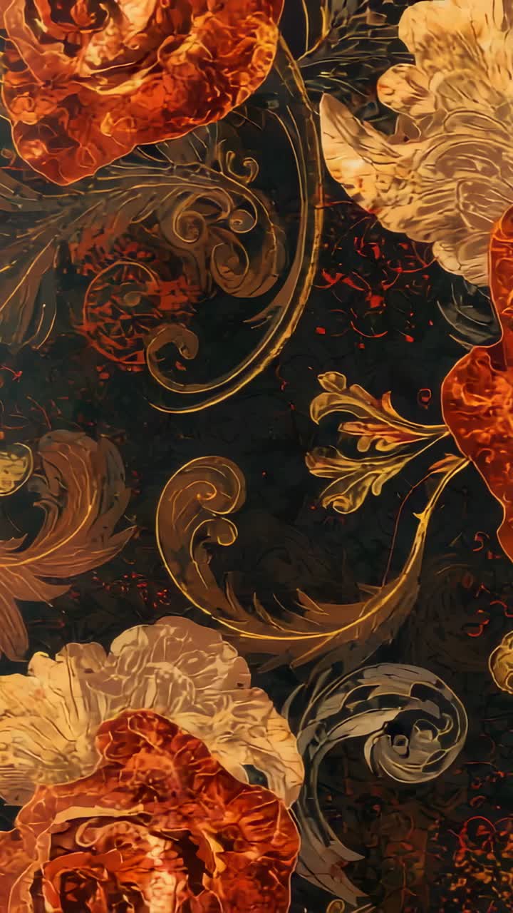 Vertical video: Panning camera revealing orange flowers on interior surface, with golden filigree