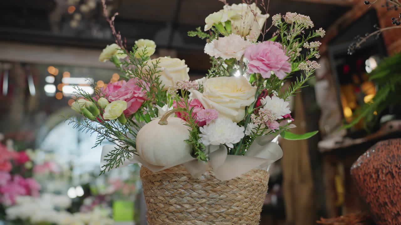 Pastel floral arrangement on wooden counter, wicker basket with pale roses, pink carnations and white decorative pumpkin, soft bokeh lights, florist shop display, seasonal gift styling, closeup detail