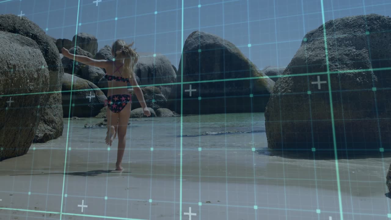 Barefoot girl shifting weight on sand and running toward shallow tide pool for travel exploration