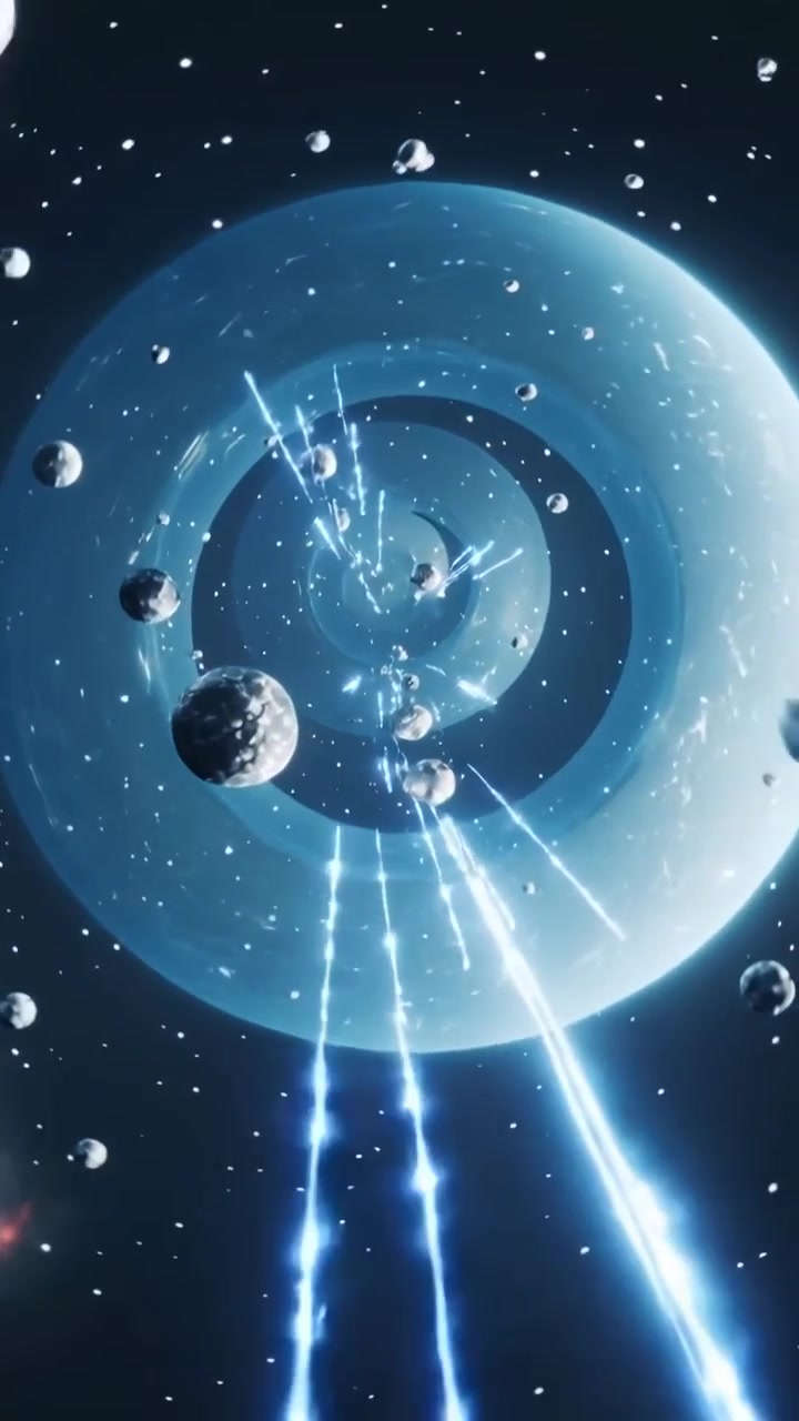 Video verticale: Raggi blu che si intensificano, un toro luminoso che attira rocce verso l'interno attraverso un anello nello spazio