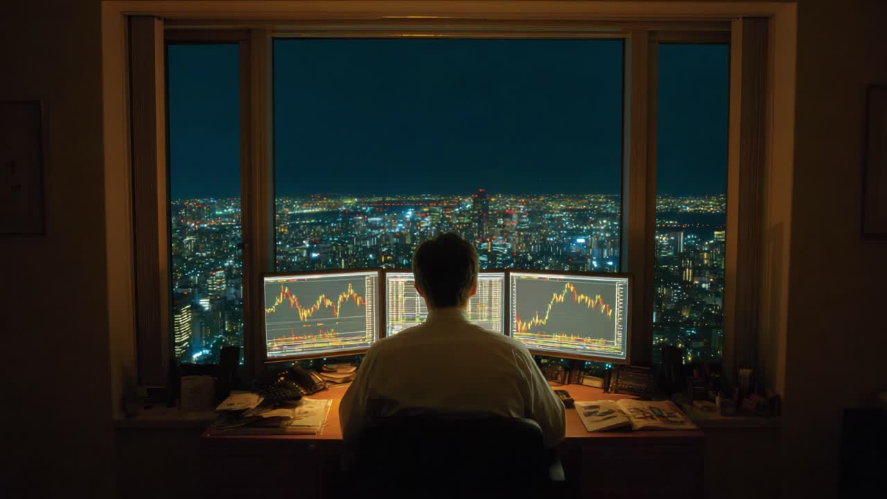 A Financial Analyst Focuses on Market Trends at Night in a Modern Office Overlooking a Vibrant Cityscape With Multiple Screens Displaying Data and Graphs