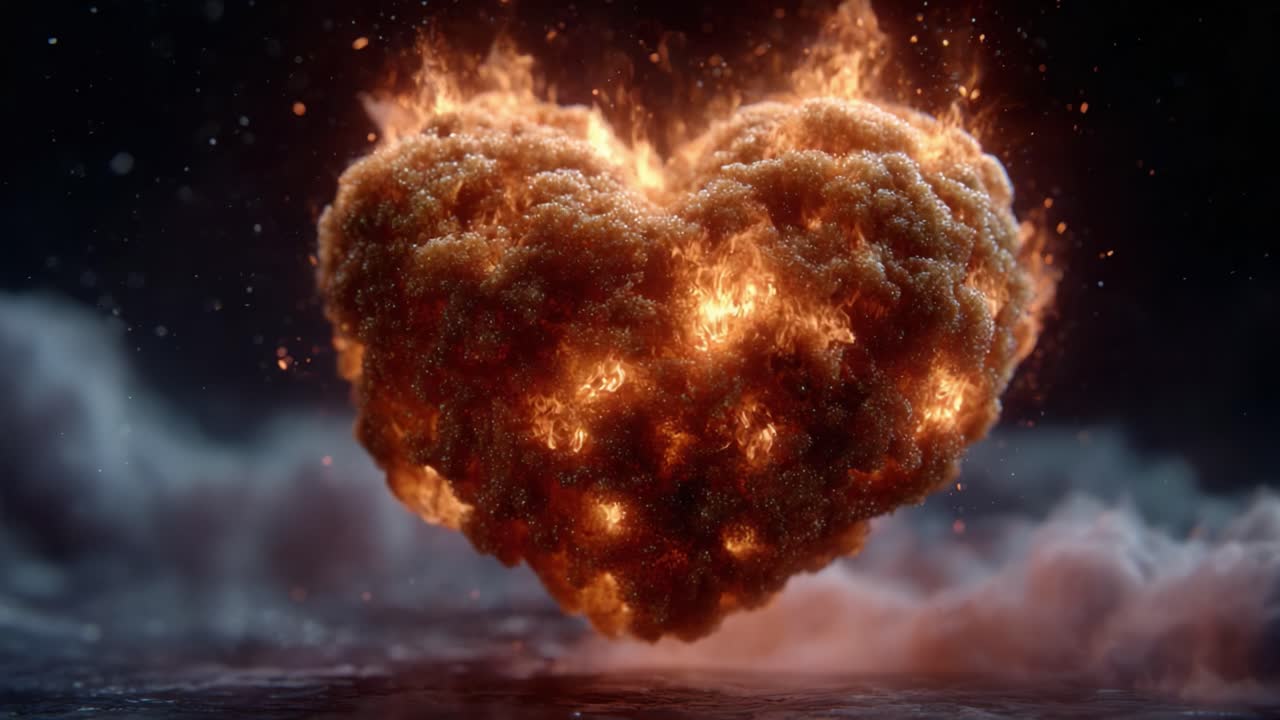 A Fiery Heart: Capturing the Intense Beauty of a Flaming Heart Surrounded by Mystical Clouds, Merging Passion and Chaos in a Stunning Visual Experience