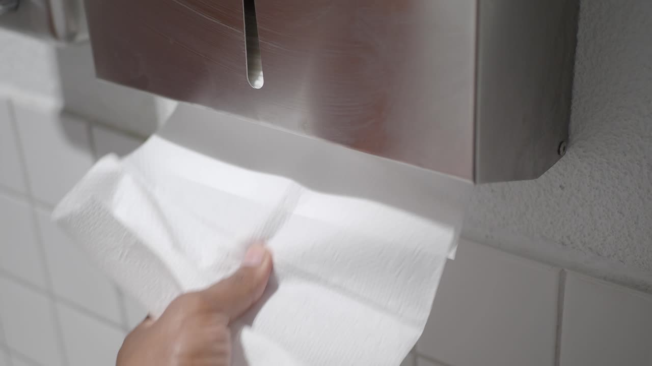 usando un dispensador de toallas de papel en un baño