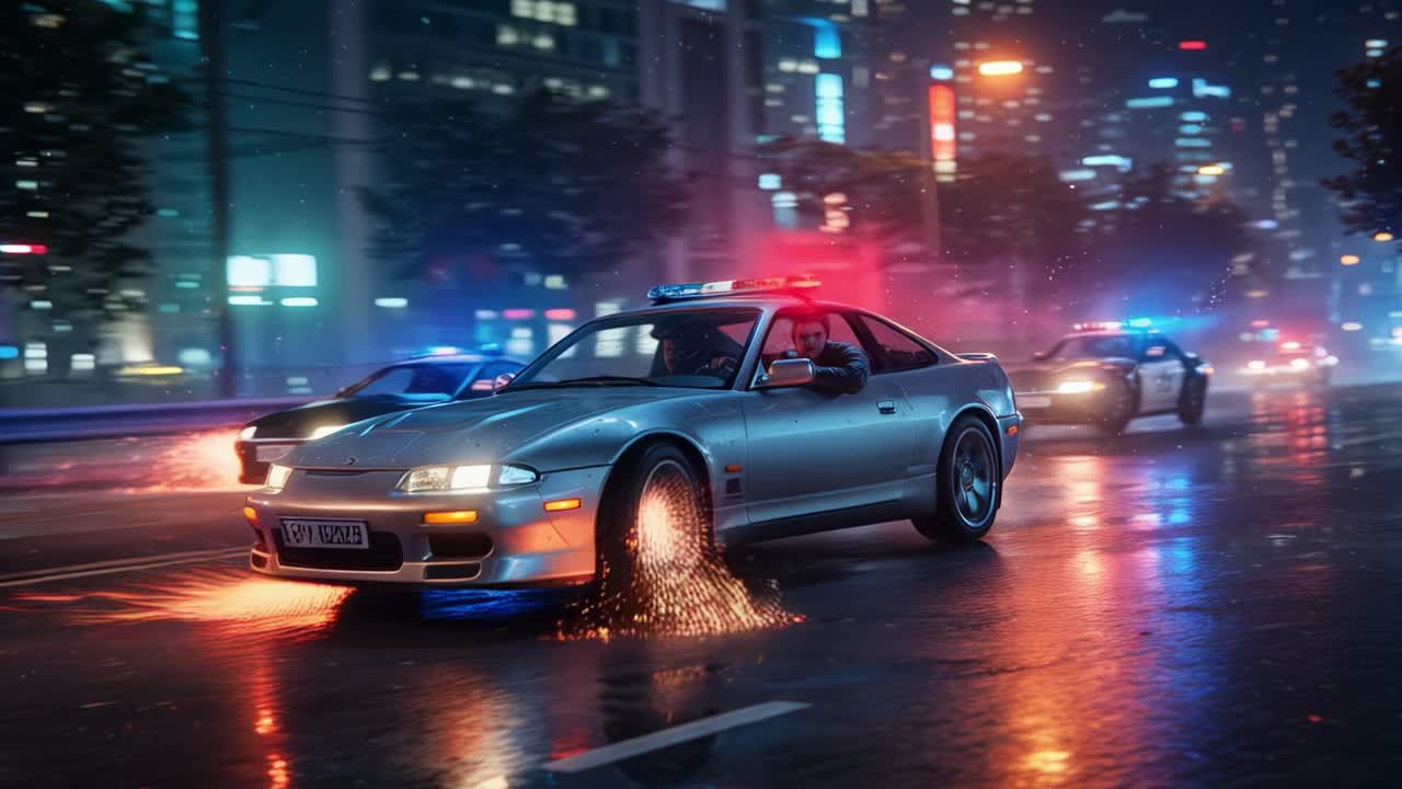 A thrilling police chase unfolded through the bustling city streets at night, featuring dazzling flashing lights and exhilarating high-speed action