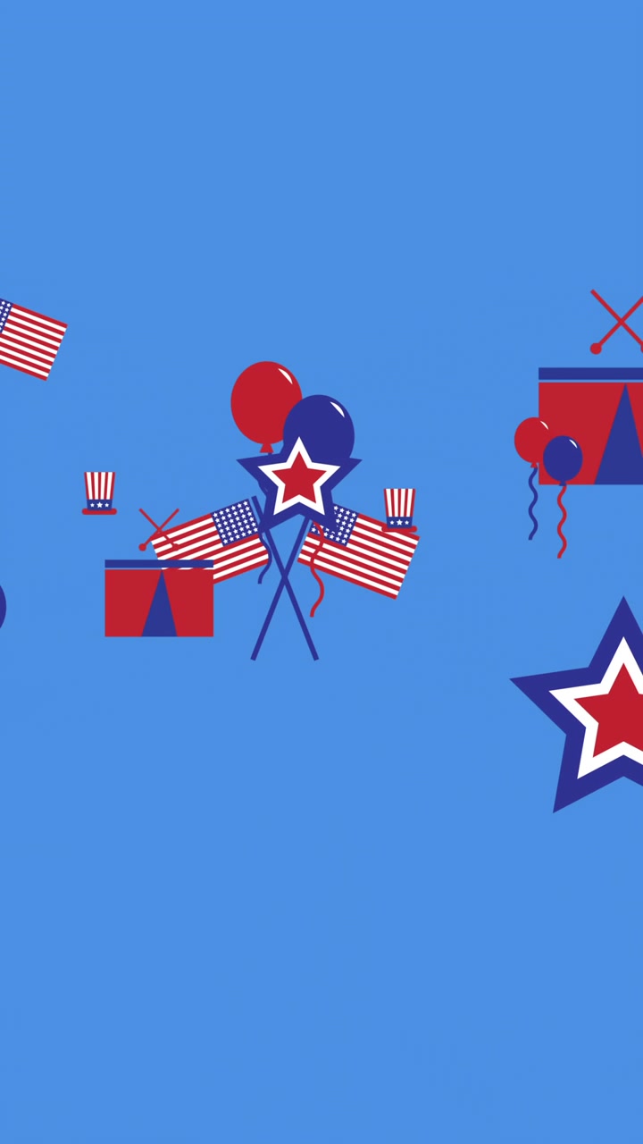 Animation of american flags and independence day icons moving over blue background