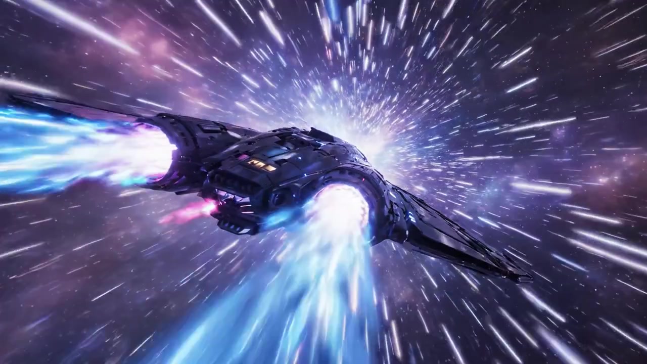 Una Straordinaria Rappresentazione Visiva di un'Astronave Futuristica che Viaggia a Immensa Velocità Attraverso un Vibrante Ambiente Cosmico, Pieno di Scie Luminose Dinamiche e Stelle Vorticose.
