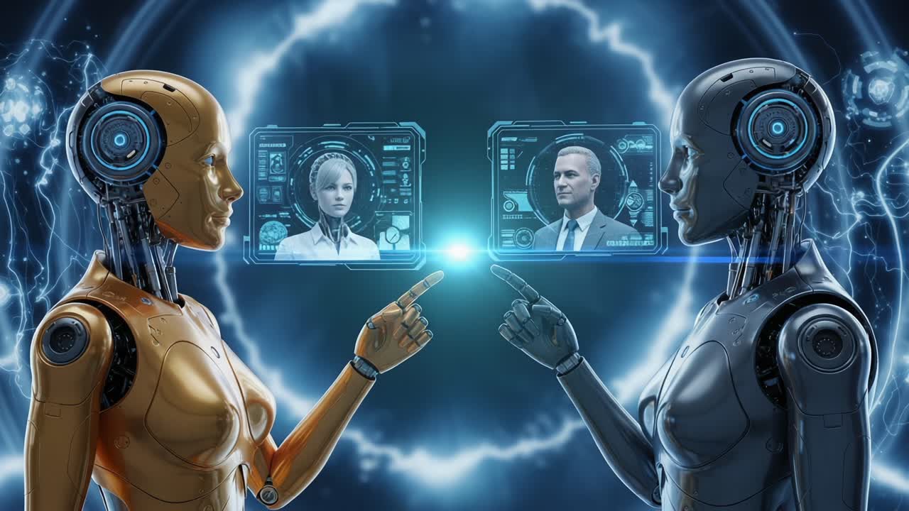 A Futuristic Encounter: Two Advanced Robots Interacting Through Digital Interfaces, Exploring the Connection Between Artificial Intelligence and Human Elements in Innovation