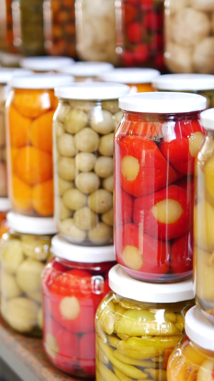 Tarros surtidos de verduras encurtidas en un estante