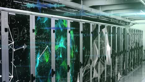 animación del procesamiento de datos y ecuaciones matemáticas contra las redes plexus sobre la sala de servidores