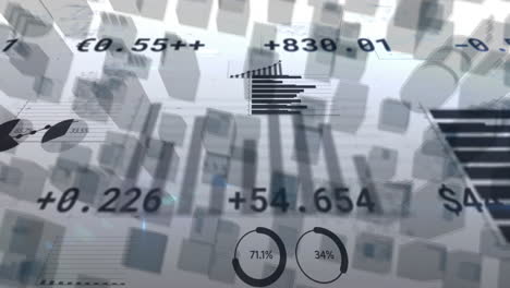 animación del procesamiento de datos financieros de la bolsa de valores sobre el paisaje urbano