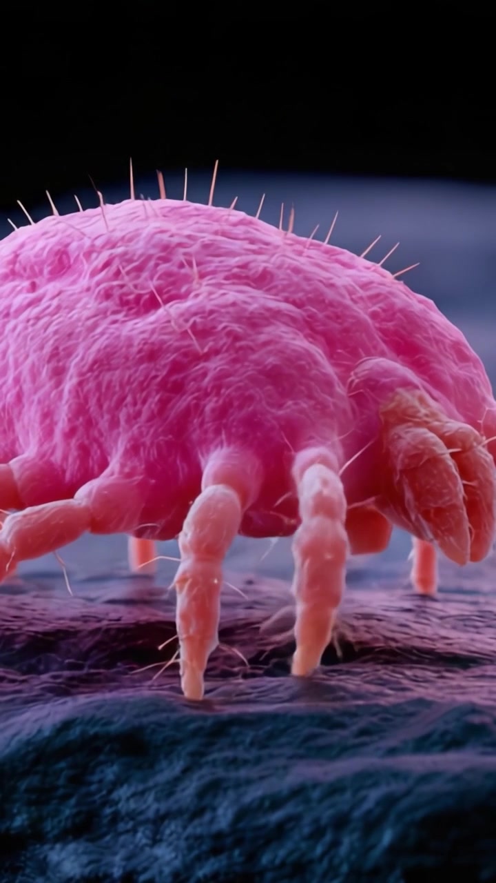 Una visione ravvicinata di un acaro rosa sotto forte ingrandimento, evidenziando le sue caratteristiche uniche e la sua struttura intricata in un ambiente microscopico