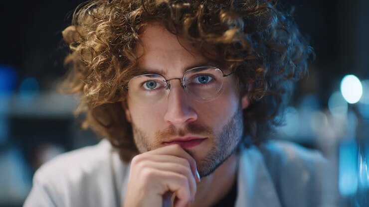 Thoughtful researcher with curly hair and glasses, reflecting on scientific discoveries in a modern laboratory environment, deep in contemplation and analysis
