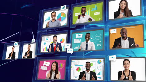 diverse business professionals engaging in virtual meetings with data visualizations