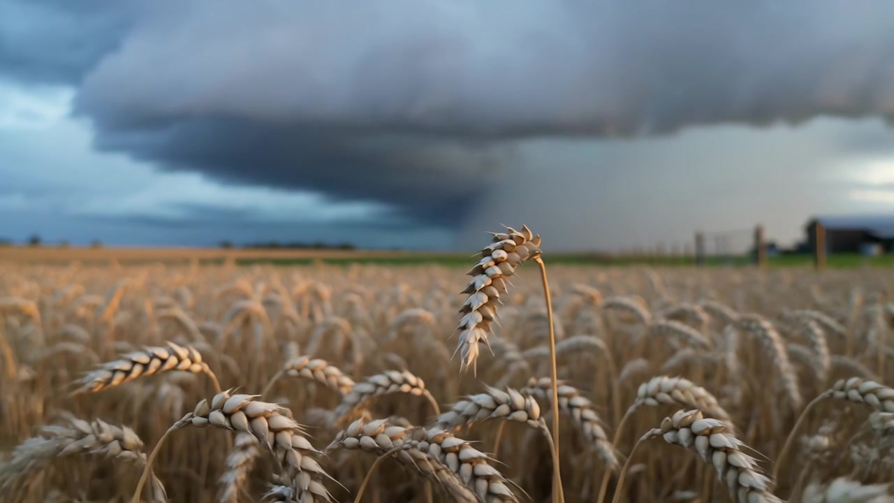 Tiges de blé mûres se balançant sous la brise, se penchant vers l'objectif dans un champ rural, une colonne de pluie se formant.