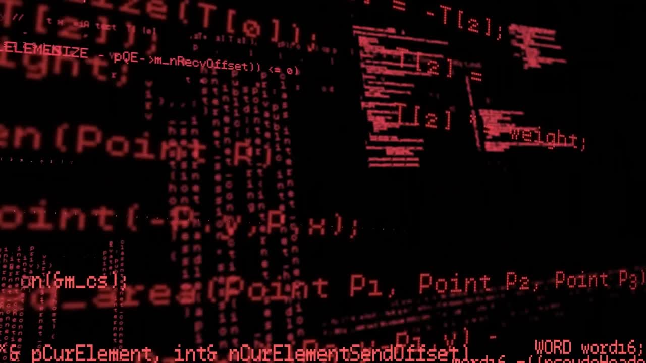 Animation of red data and information processing on dark background