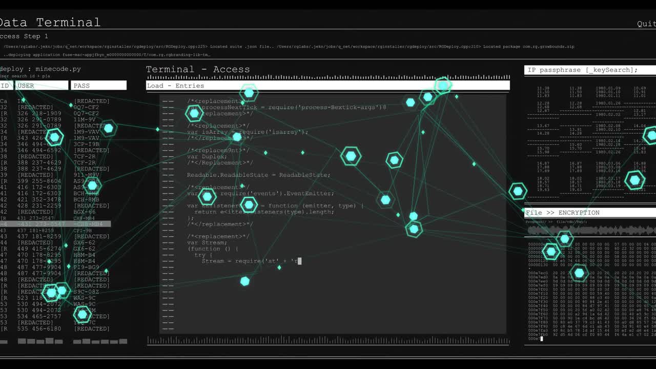 Teal hexes receiving data stream, clustering nodes and populating code editor for encryption