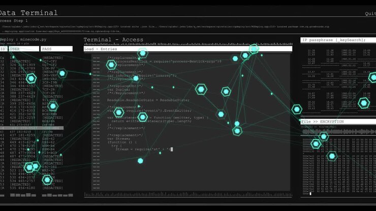 Teal hexes receiving data stream, clustering nodes and populating code editor for encryption