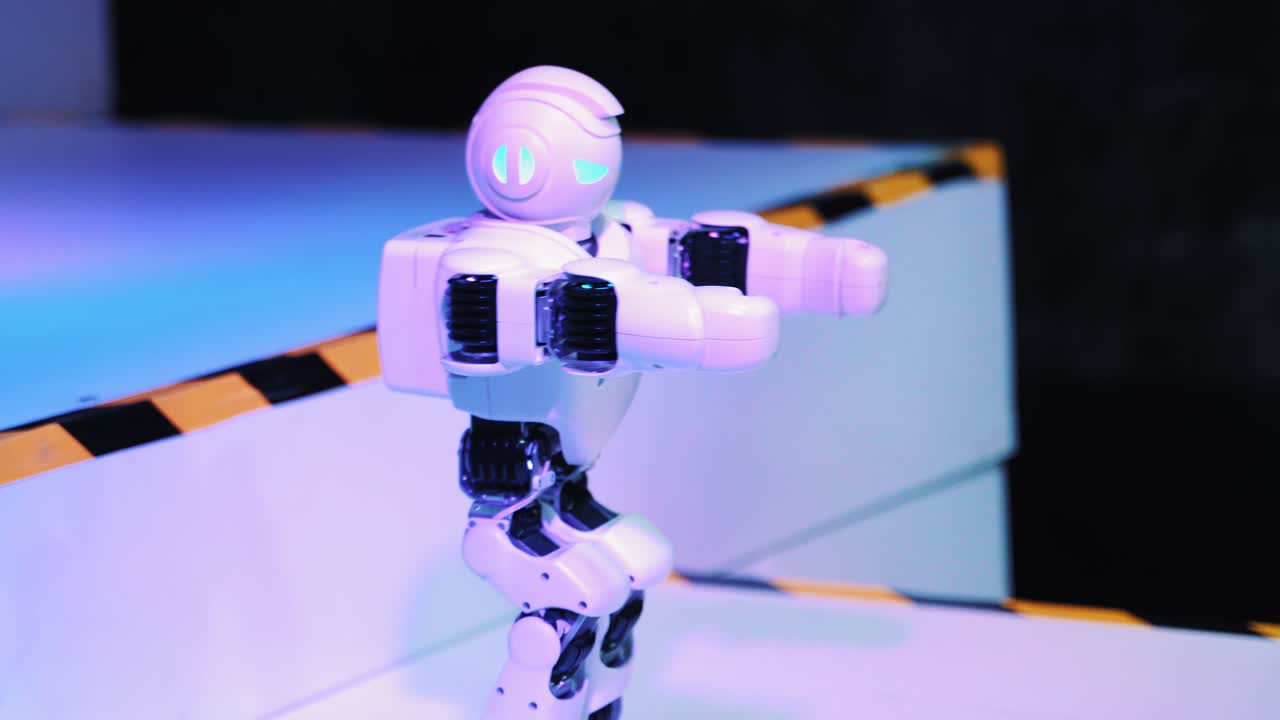 Dancing robot close up. Smart technology concept. Closeup of smart robots dance. Robotic dance party. Dancing robot humanoid. Dancer robot man
