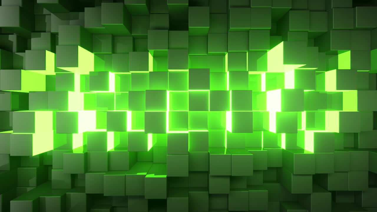 비즈니스 프레젠테이션을 위한 추상적인 기술 배경: 무작위로 움직이는 큐브, 중간에 밝은 네온 빛, 원활한 루프, 3d 렌더링