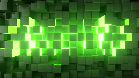 fondo de tecnología abstracta para presentaciones de negocios. cubos que se mueven al azar. brillo de neón brillante en el medio. bucle sin costuras 3d render