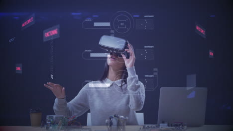 animación de una mujer con auriculares vr tocando la pantalla virtual con el modelo 3d girando