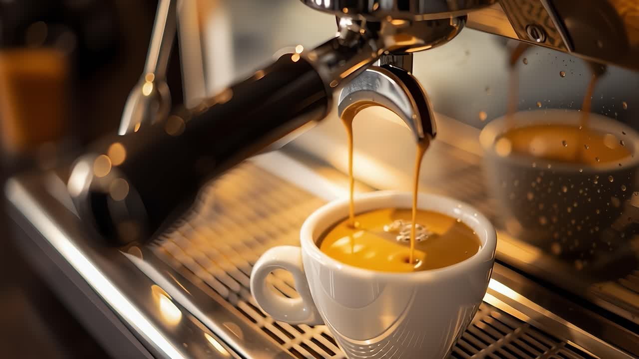 Espresso machine pouring coffee into white cup sequence