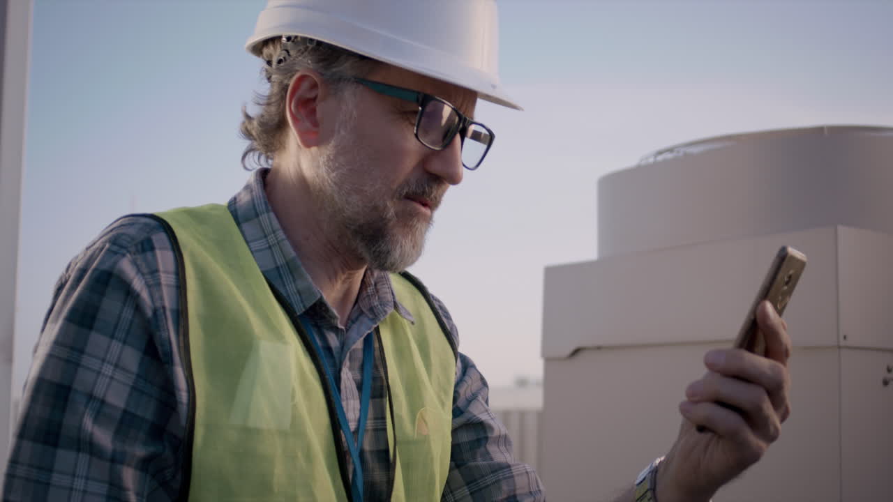 Engineer Checking Equipment on Rooftop