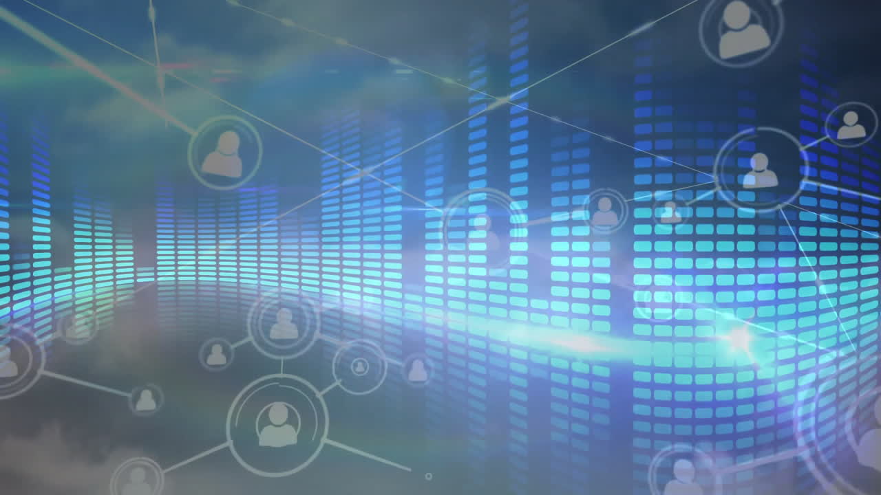 iconos de redes sociales y animación de visualización de datos sobre un fondo abstracto