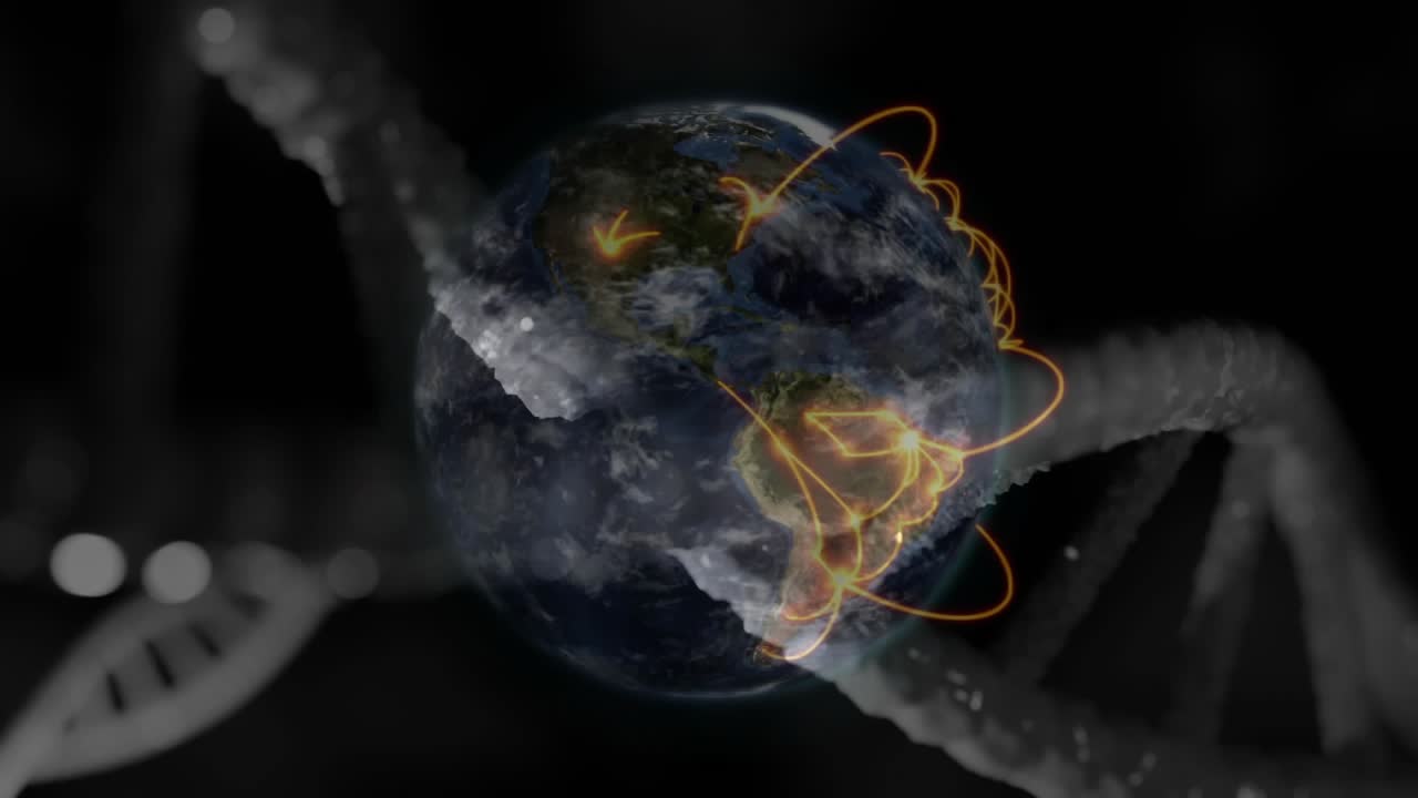 Arco arancione iniziale che ruota, Terra digitale che espande archi, elica di DNA che si sposta formando una rete
