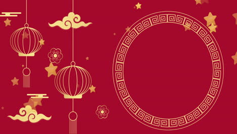 animación de decoraciones tradicionales chinas con estrellas en fondo rojo.