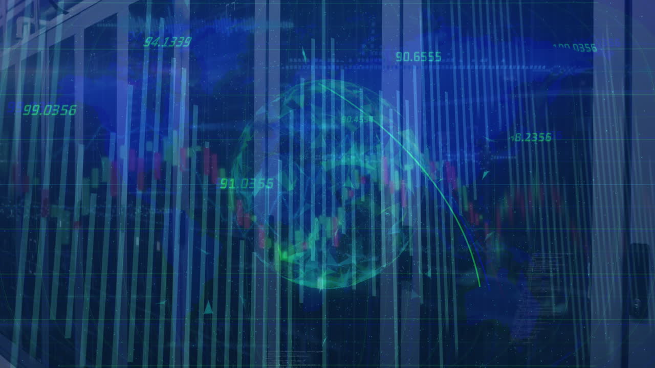 Animation of globe with numbers, lines and graphs moving over data server racks