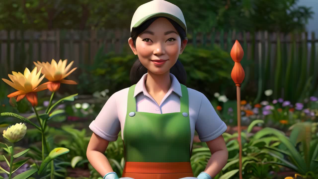 Seorang petani wanita Asia mengenakan topi dan celemek berdiri di ladang tanaman hijau