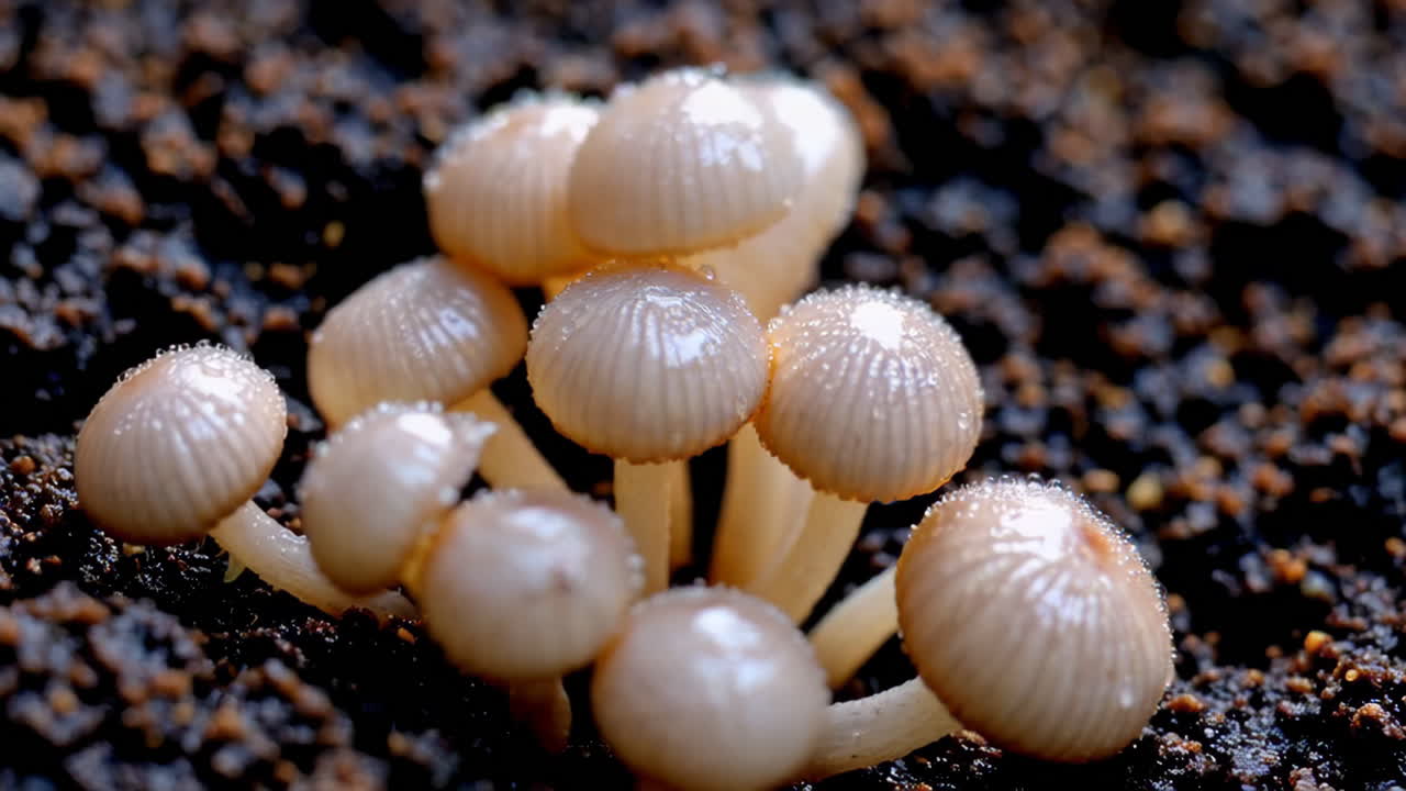 Close-up of small mushrooms growing in damp soil