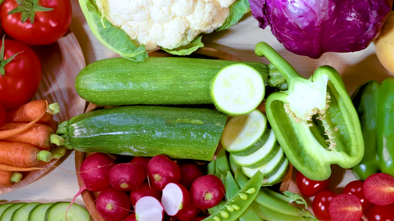 다양한 채소 들 이 활기차고 조직적 인 배열 으로 전시 되어 있다