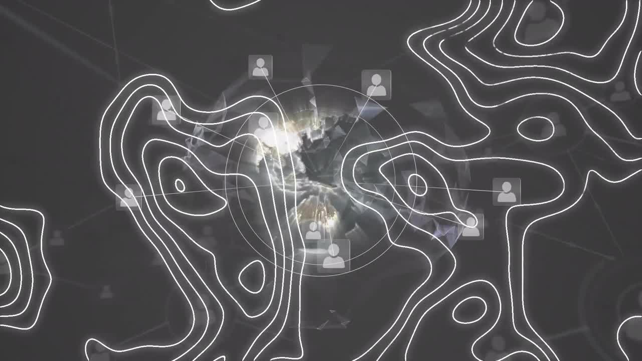 animación de escaneo de alcance y red de conexiones y iconos de personas en todo el mundo
