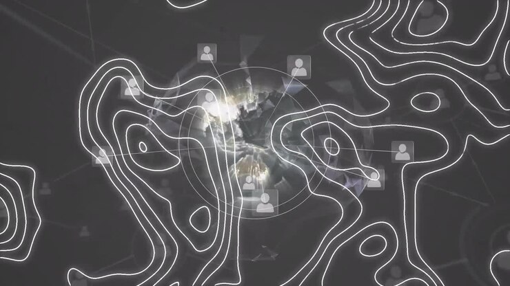 Animation of scope scanning and network of connections and people icons over globe