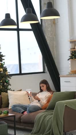 woman relaxing on a cozy christmas living room sofa