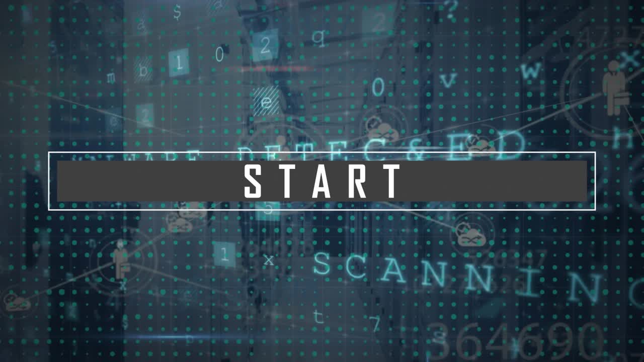Animation af starttekst, netværk af digitale ikoner, cybersikkerhedsdatabehandling over serverrum