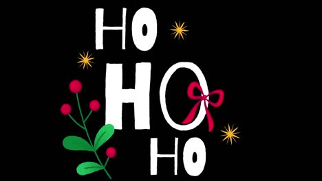 Animation-of-ho-ho-ho-text-with-christmas-decorations-on-black-background