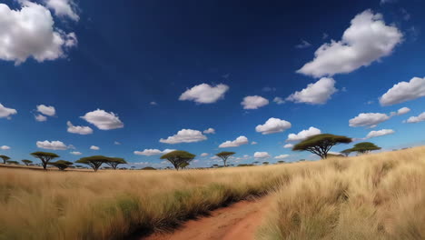 african savanna landscape with acacia trees and blue sky