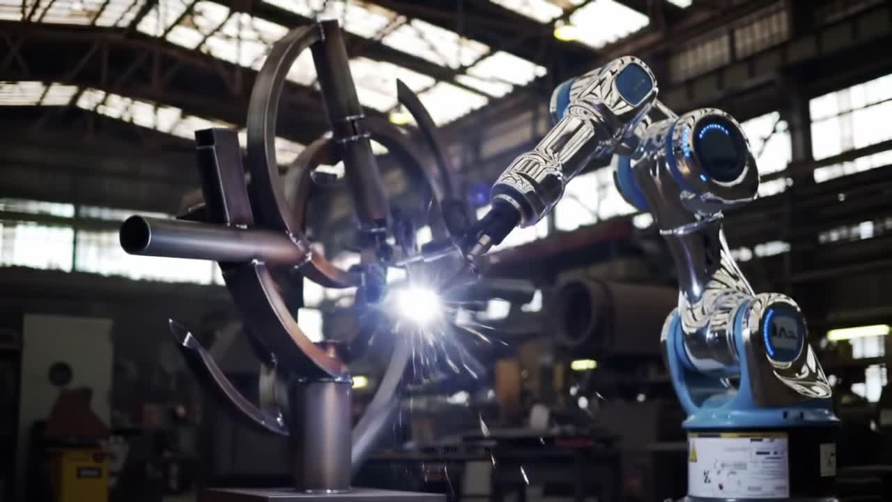 Saldatura robotica avanzata in azione: un robot industriale all'avanguardia esegue una precisa lavorazione dei metalli con scintille che volano in un ambiente di officina ad alta tecnologia.