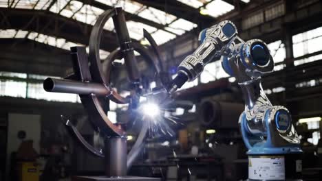 advanced robotic welding in action: a cutting-edge industrial robot performs precise metal fabrication with sparks flying in a high-tech workshop environment