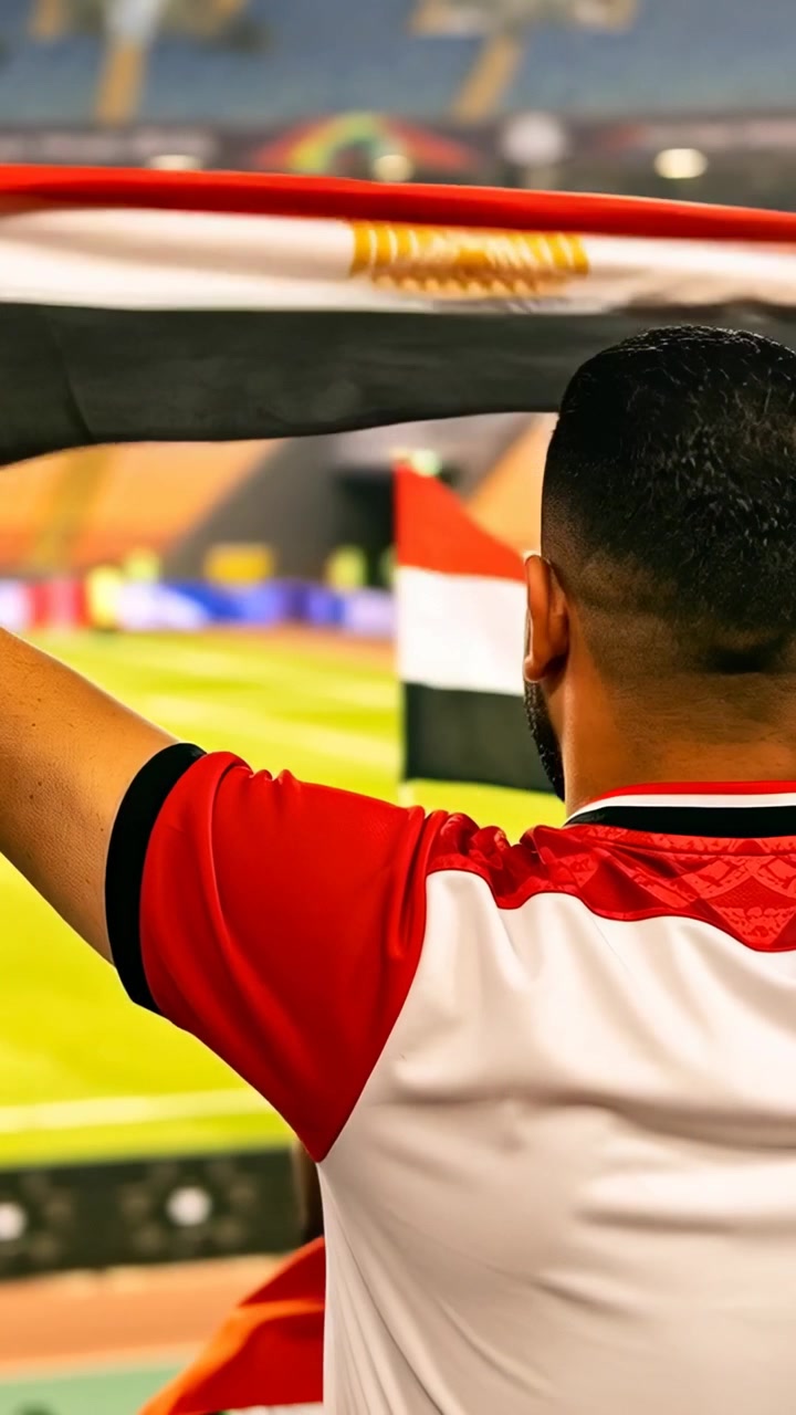 Video verticale: Uomo che alza la bandiera egiziana, indossando una maglia rossa, che segue il gioco e tifa allo stadio.