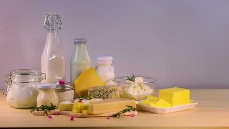 various dairy items arranged neatly on a table