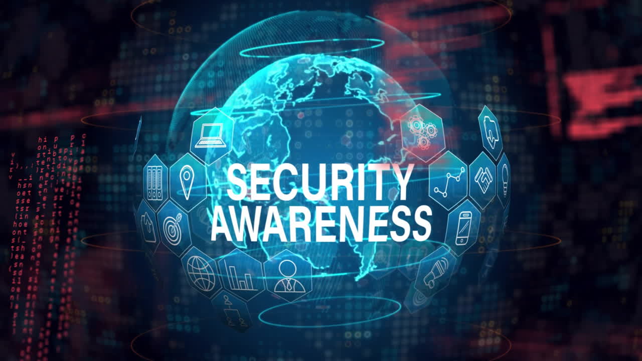 Animation of security awareness text over globe with icons and connections on black background