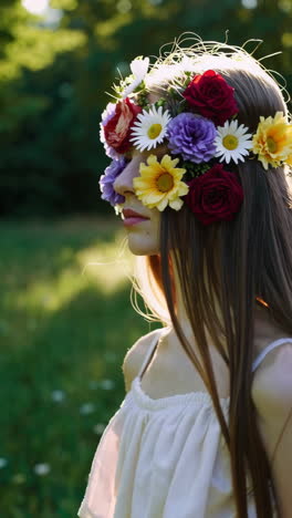 young woman adorned with a colorful flower crown in golden sunlight