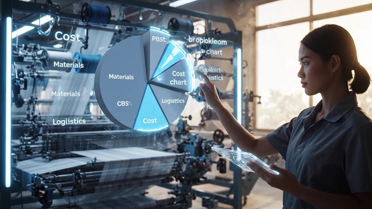 Kvinde analyserer produktionsomkostninger med holografiske data på en smart fabrik